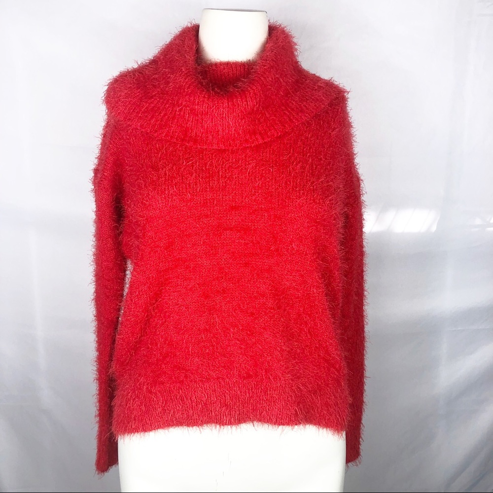 NWT woman’s Pink Rose red fuzzy cowl neck sweater